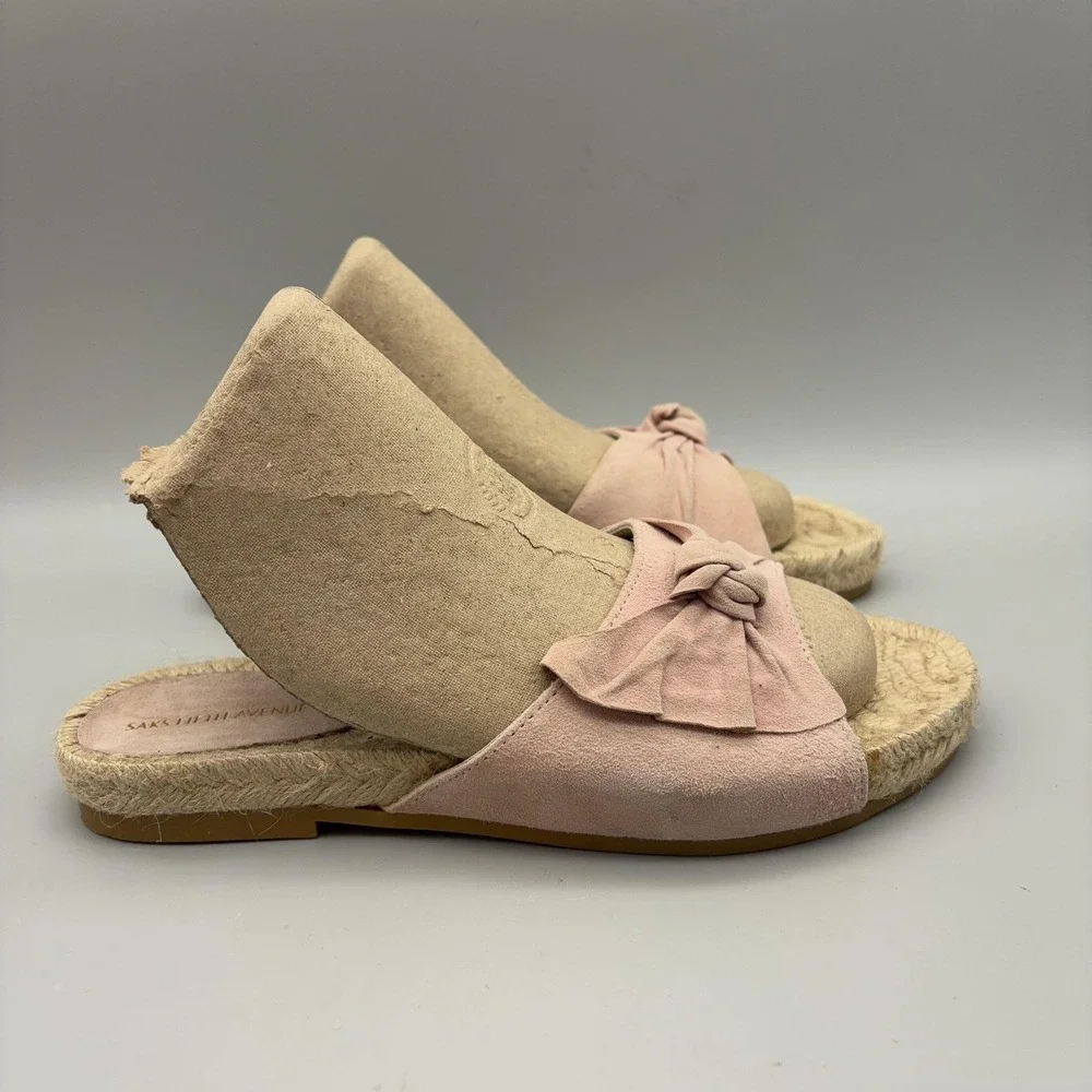 Saks Fifth Avenue Sandals Womens Size 6.5 Pink Suede Bow Espadrille Slide Shoes